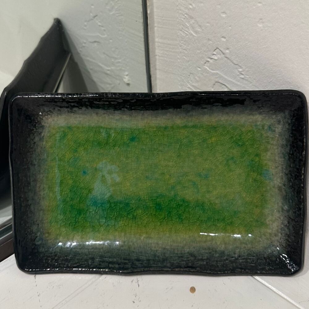 Aizome Hiwa Japanese Green Crackle Glaze Rectangular Ceramic Sushi Plate